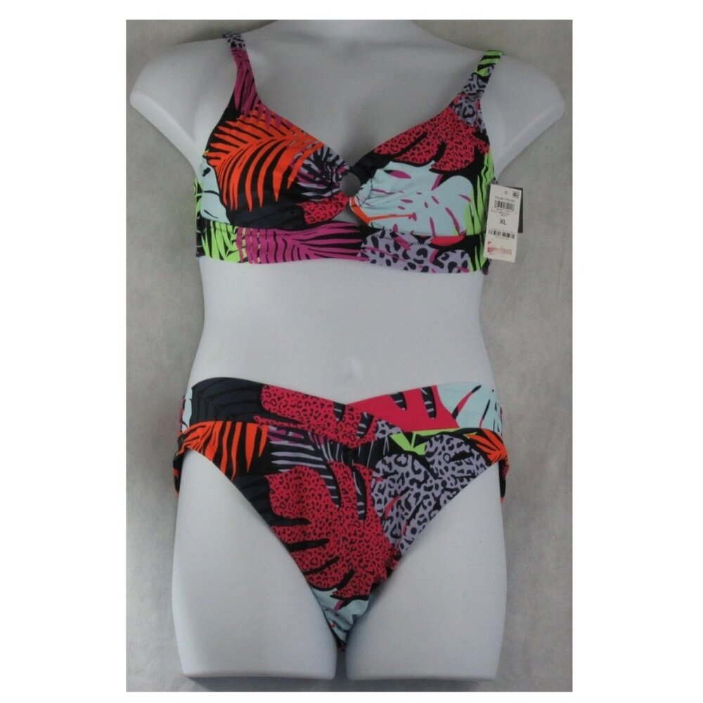Bar III Women's 2-Piece Palm Prowl Bikini Swimsuit Set, Multi Tropical, XL